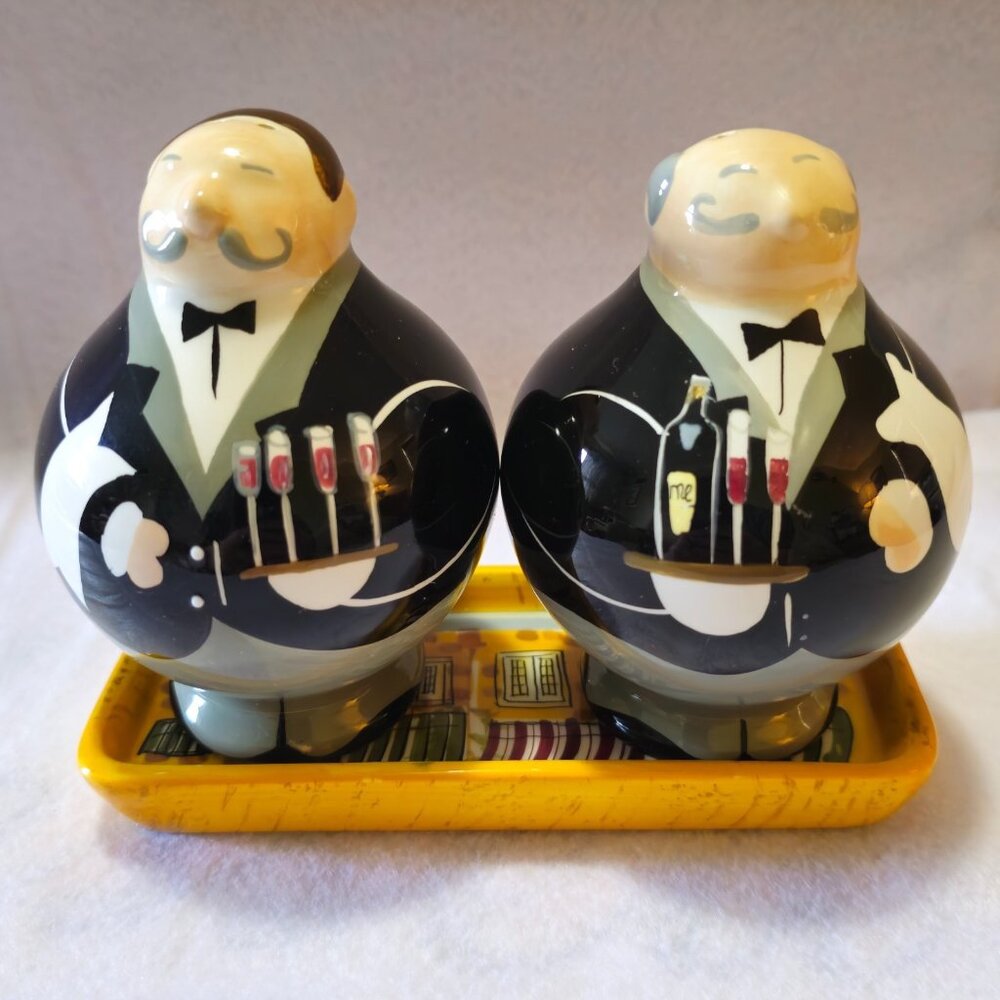 Summer Living Ceramic Salt & Pepper Shaker Set with Tray Fat, Round Waiters HTF